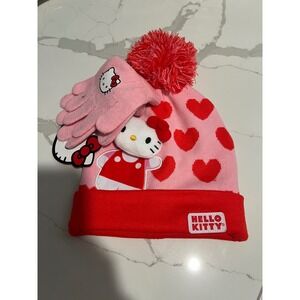 Hello Kitty Sanrio Pink Red Heart Beanie Pom Hat and Gloves 2 Piece Set New